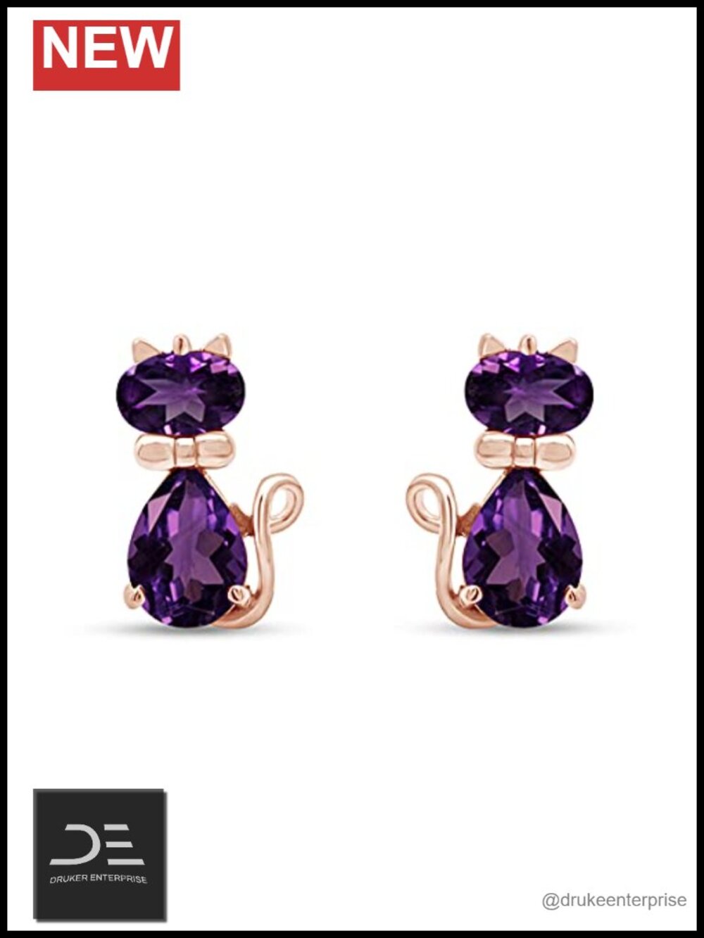 Cat Stud Earrings for Women 14k Rose Gold Over Sterling Silver Amethyst Push